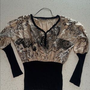 Zara Black and Tan Patterned Blouse